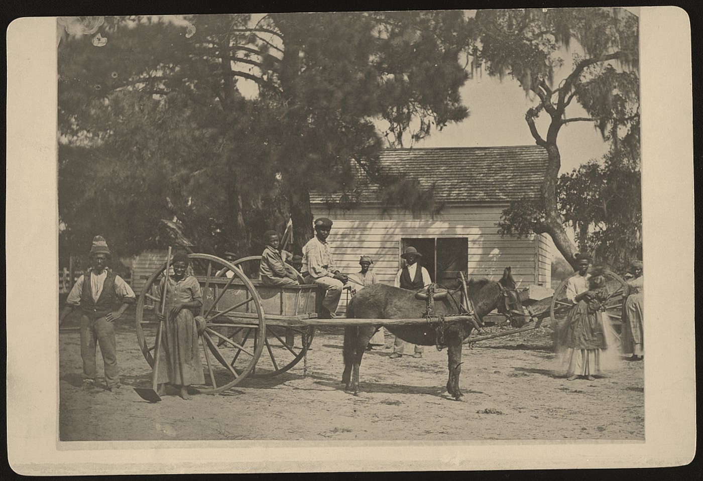 James Hopkinson Plantation, Edisto Island, South Carolina, 1862 — formerly enslaved African Americans gathered near a cart in front of a plantation outbuilding