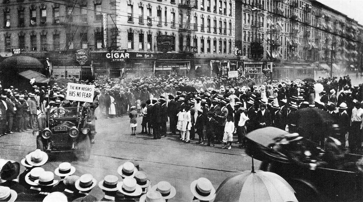 Lenox Avenue, Harlem, 1920s — a sign reads 'The New Negro Has No Fear'